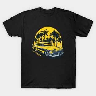 yellow classic car 1960s with palm trees at sunset T-Shirt